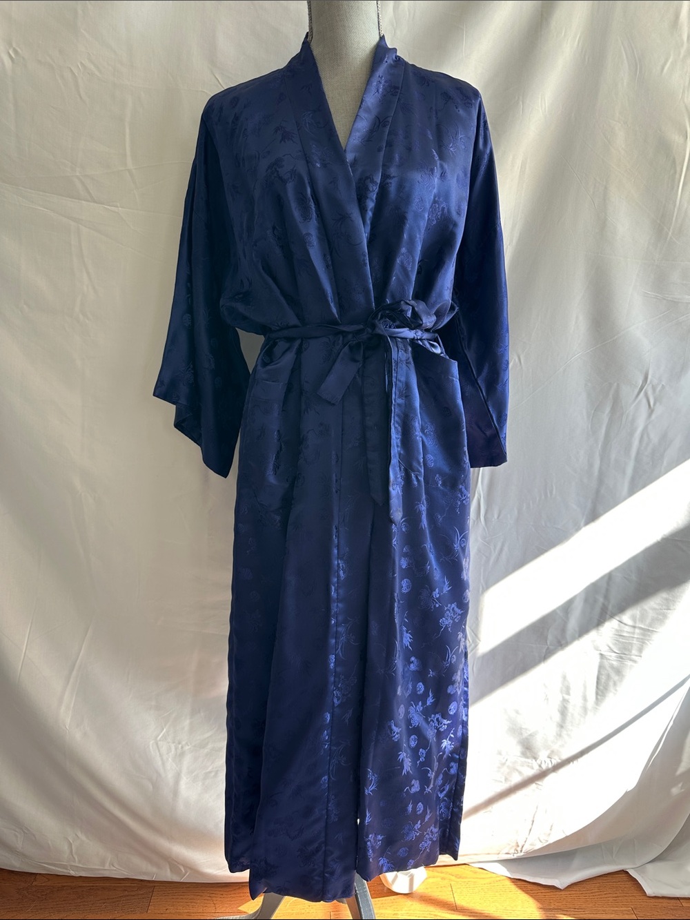 Vintage Esme Chinese Blue Silk Floral Jacquard Robe with Self Tie